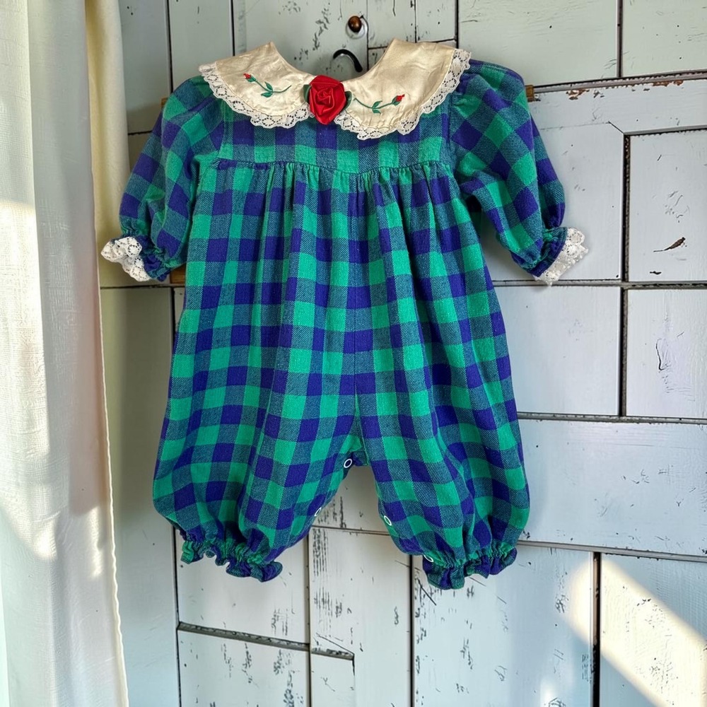 Vintage Plaid Romper Size 12M Green Blue Flannel Rose Lace Peter Pan Buffalo